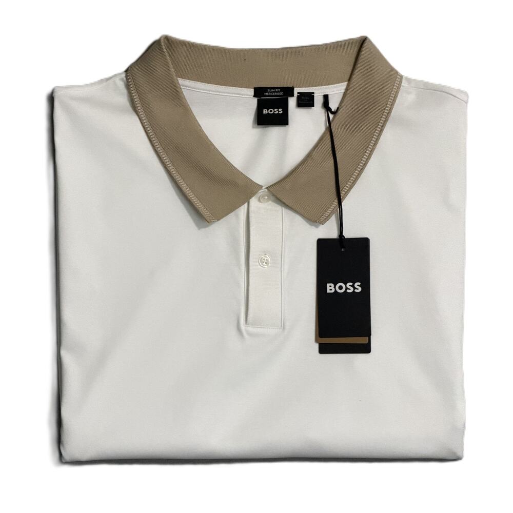 Boss Polo Shirt Men's 4XT Slim Fit Big & Tall Short Slv White w/Tan Collar NEW